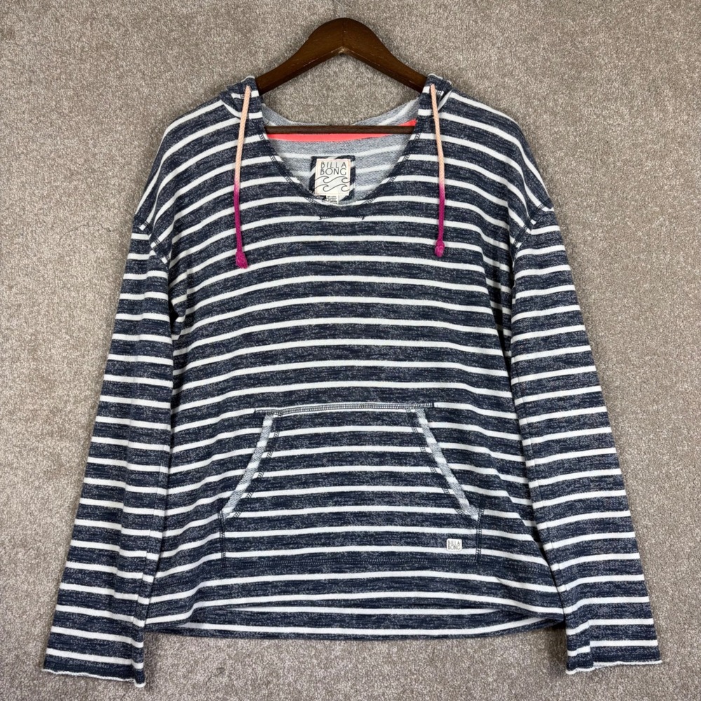 Billabong Womens Striped Hoodie Navy Blue White Ombre Drawstring Large